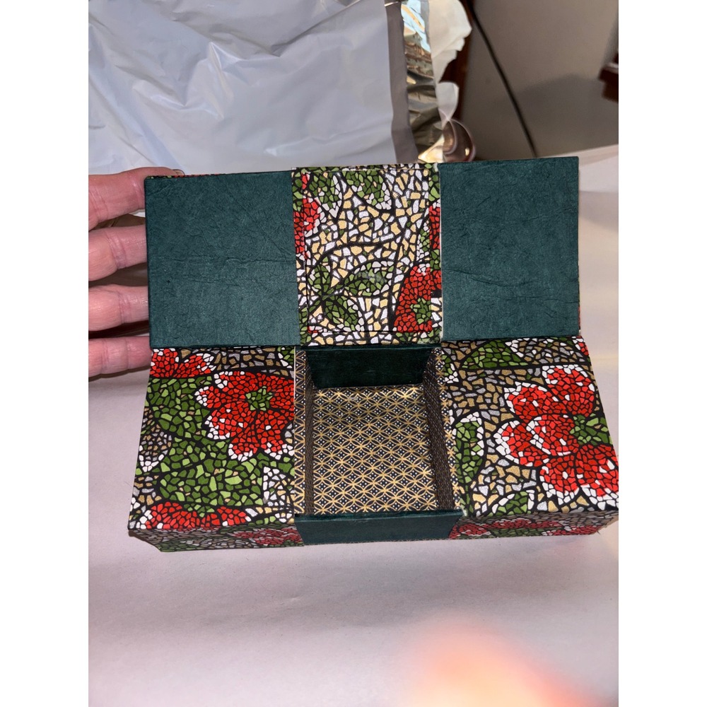 Japanese Washi Paper Floral Mosaic Trinket Box Green Red Gold Folding Lid Decor